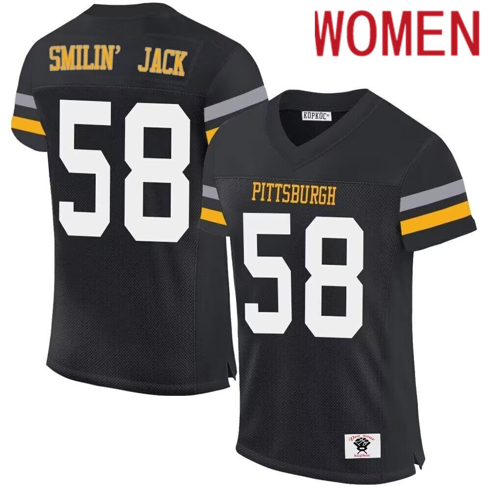 Women Pittsburgh Steelers 58 Smilin Jack black 2024 Nike Limited NFL throwback Jersey